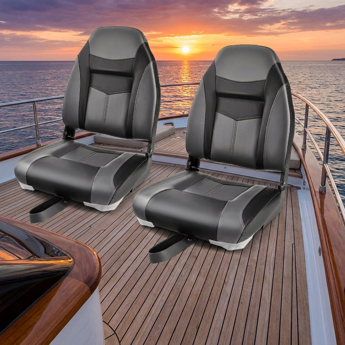 Airfind High-Back Folding Boat Seat with Thick Cushioned Padding and Waterproof Vinyl and Aluminum Hinges and Universal Mount Bracket for Fishing Pontoon and Runabout, Black