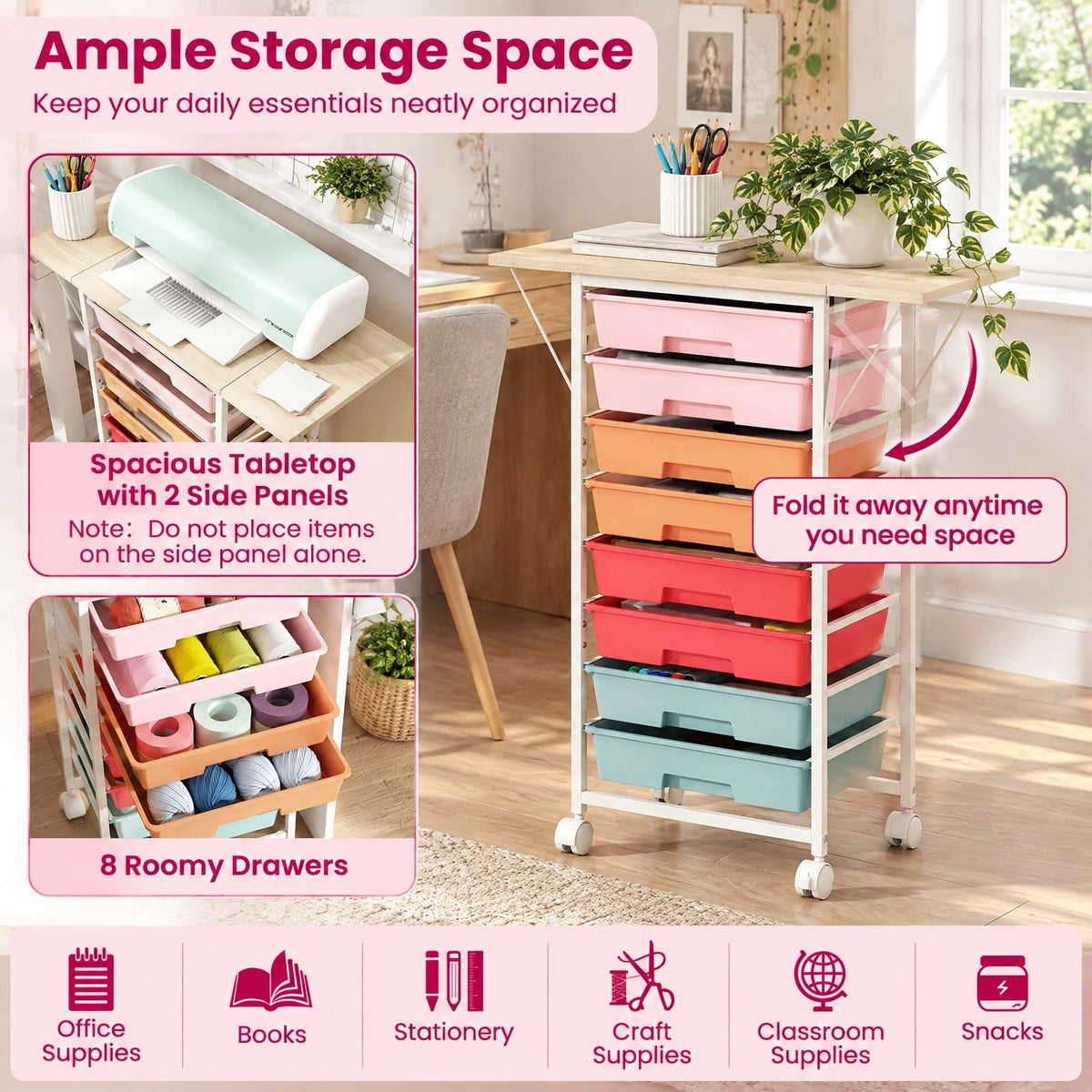 Airfind 8-Drawer Rolling Cart with Wooden Tabletop and Folding Side Panels for Living Room, 33 lbs Capacity, Metal PP Engineered Wood Frame