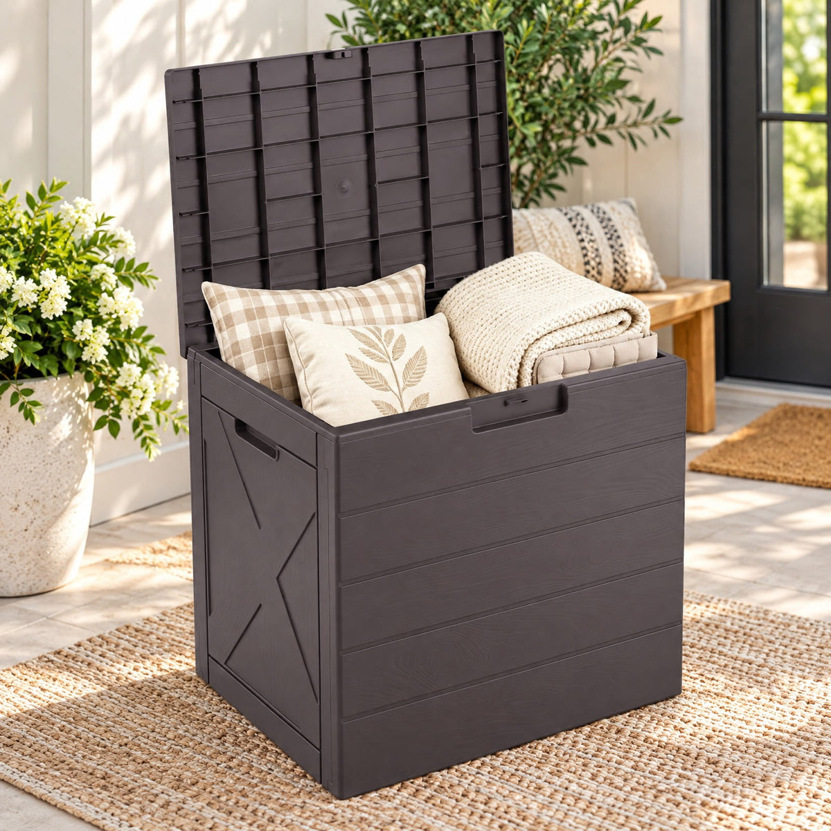 Airfind 25 Gallon Storage Bin with Lid Carry Handles and Lock Hole for Patio Furniture Accessories, 110 lbs Capacity, PP Frame, Brown