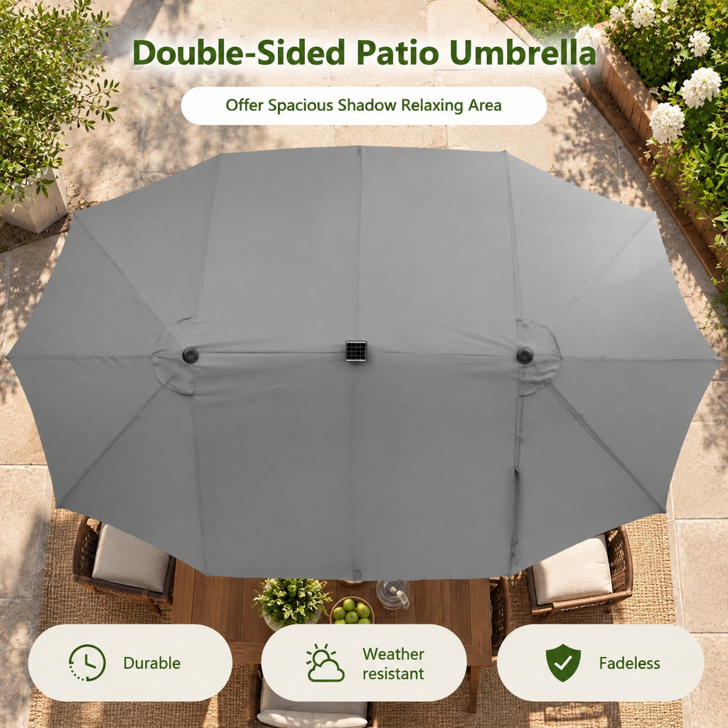 AIRFIND Patio Umbrella with 48 Solar LED Lights, 15 ft Double-Sided Canopy, Hand Crank and 12 Steel Ribs, Base Sold Separately, Gray
