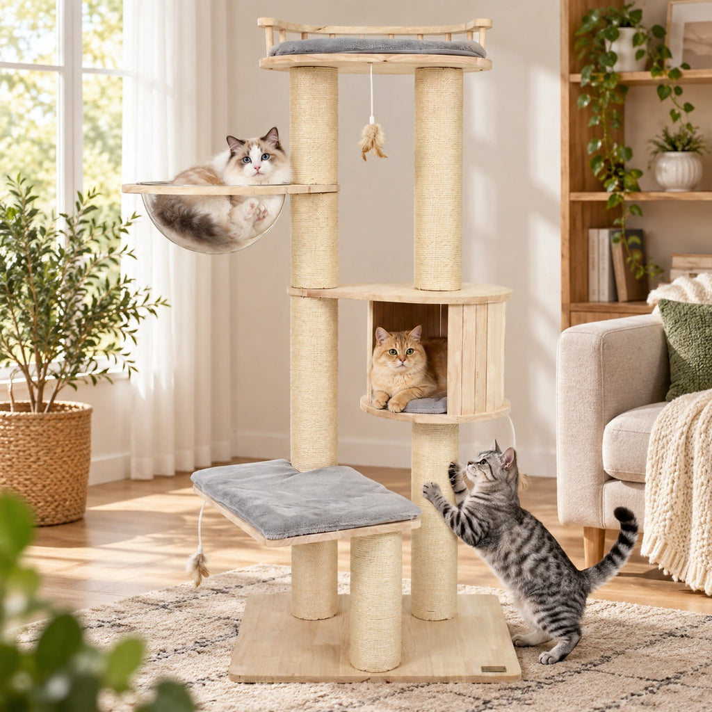 Airfind Cat Tree for Indoor Kittens with Top Perch Condo Space and 3 Hanging Feather Toys, Gray, 4 Inch sisal scratching posts for cats to claw