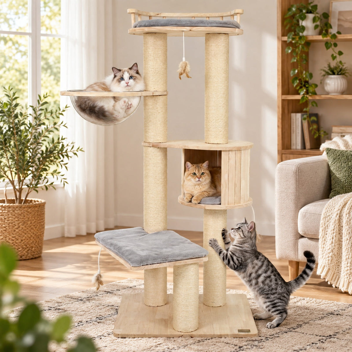 Airfind Cat Tree for Indoor Kittens with Top Perch Condo Space and 3 Hanging Feather Toys, Gray, 4 Inch sisal scratching posts for cats to claw