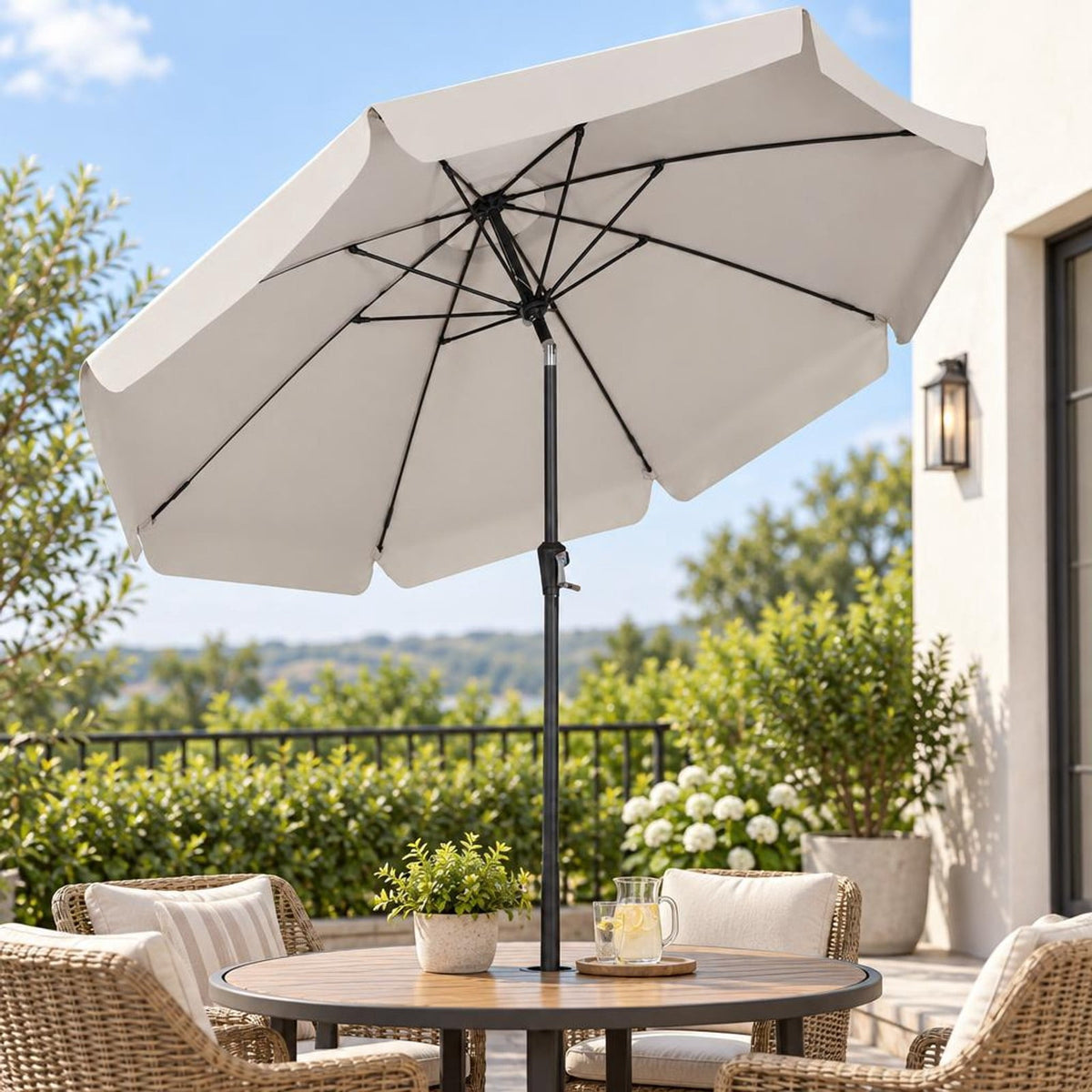 Airfind 10 FT Scalloped Patio Umbrella with Push Button Tilt and 8 Fiberglass Ribs, Fiberglass Polyester Fabric Metal ABS Frame, Beige