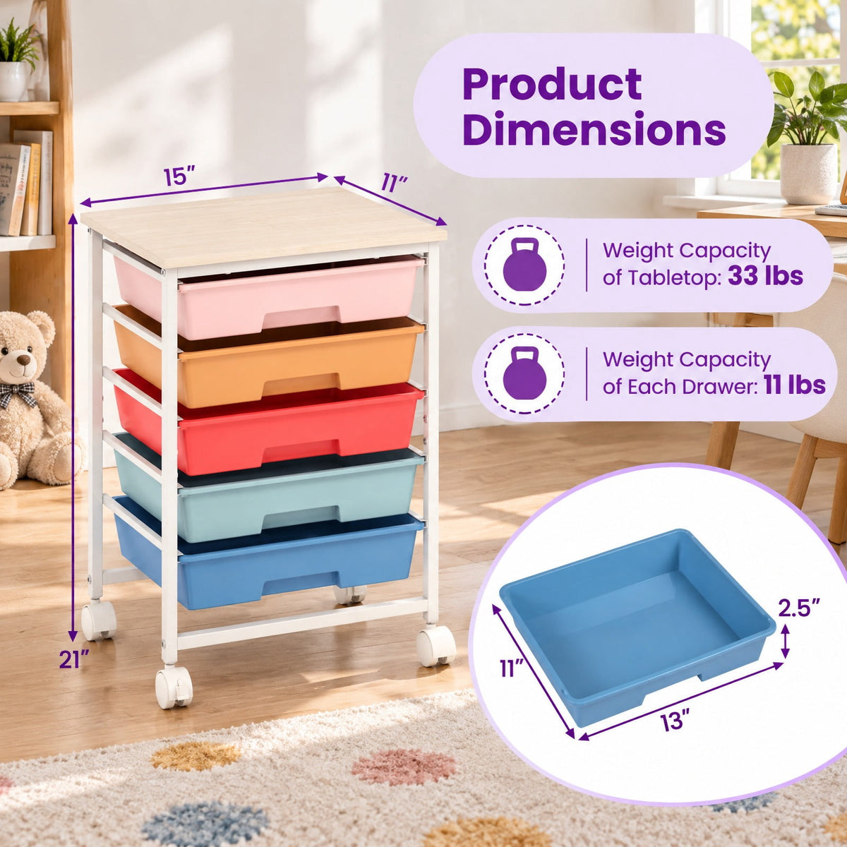 Airfind 5-Drawer Rolling Cart with Wooden Tabletop and Metal for Craft Room, 33 lbs Capacity, Metal PP Engineered Wood for Home, Patio and Everyday