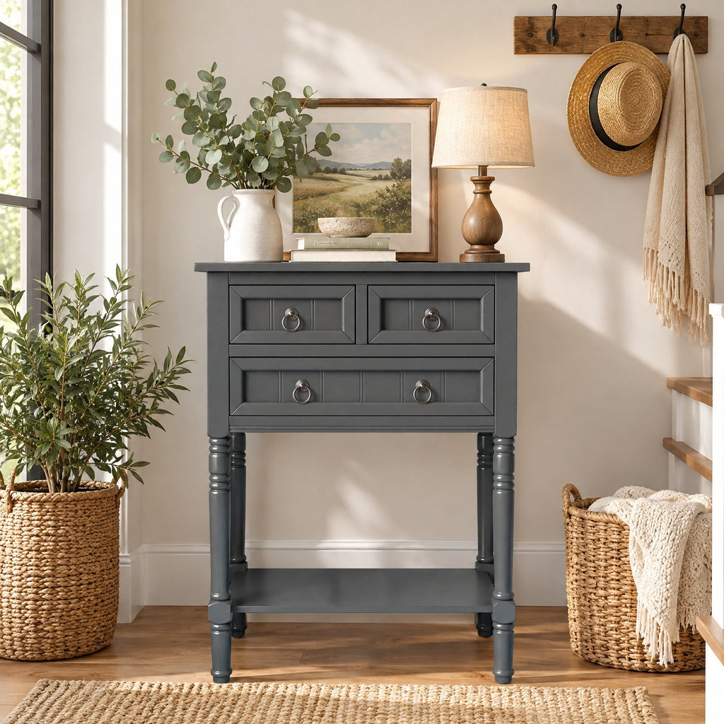Airfind Narrow Console Table with 3 Storage Drawers and Open Bottom Shelf, 154 lbs Capacity, MDF Rubber wood Acacia Wood Frame, Gray