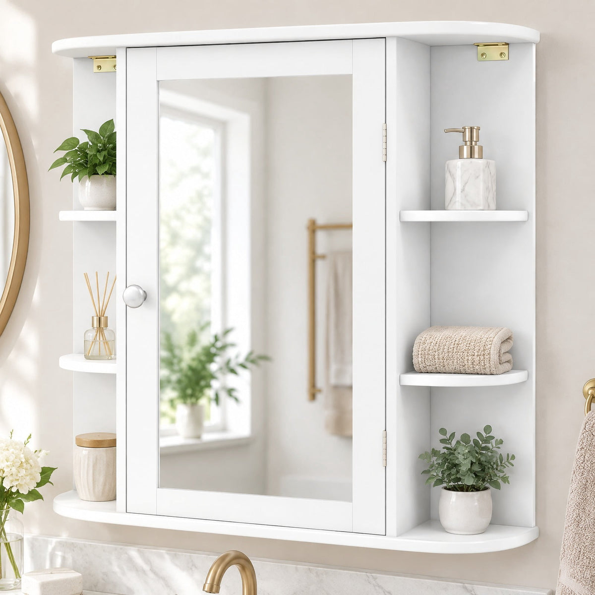Airfind Multipurpose Mount Wall Mirror Bathroom Storage Cabinet, 44 lbs Capacity, MDF Frame, 26in x 6.5in x 25in (L x W x H) Open Compartment Footprint