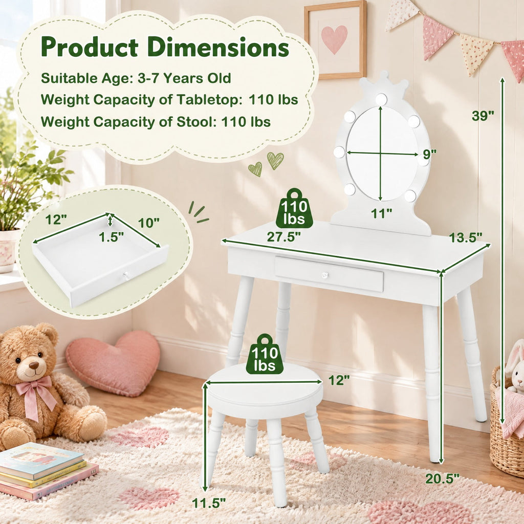 Airfind Kids Vanity Set with Lighted Mirror with Adjustable Brightness and Large Drawer, 110 lbs Capacity, MDF Frame, for 3-7 Years Old, White