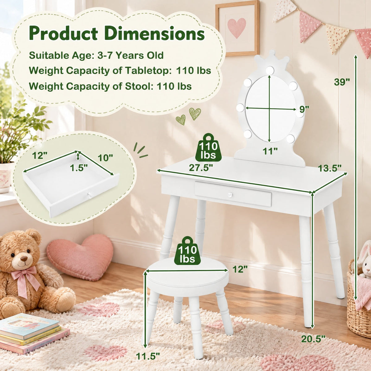 Airfind Kids Vanity Set with Lighted Mirror with Adjustable Brightness and Large Drawer, 110 lbs Capacity, MDF Frame, for 3-7 Years Old, White