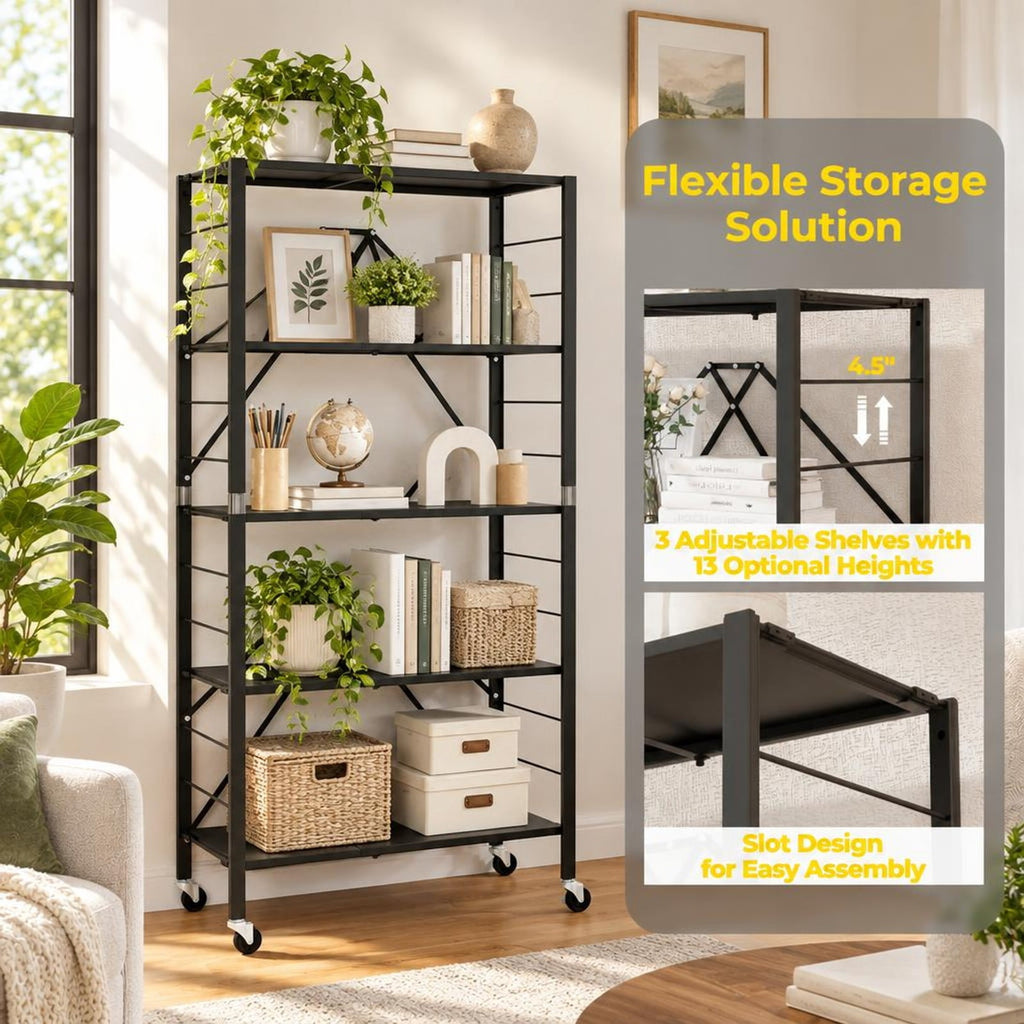 Airfind 5-Tier Foldable Storage Shelf with Wheels, 165 lbs Capacity, Metal Frame, 30 Inch x 13.5 Inch x 60.5 Inch Footprint, Black