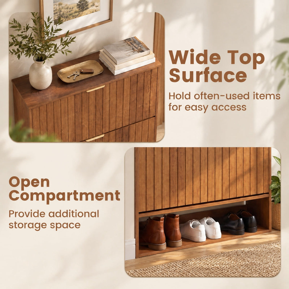 Airfind Fluted Hidden Shoe Cabinet with 2 Flip Drawers and Open Storage, 55 lbs Capacity, Engineered Wood Frame, 31.5in x 9.5in x 40in Footprint