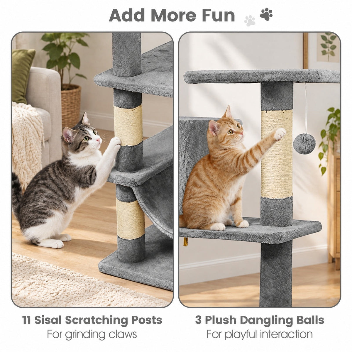 Airfind 66 Inch Tall Cat Tree Multi-Level Cat Tower with 2 Condos Sisal Scratching Posts, 33 lbs Capacity, Light Gray