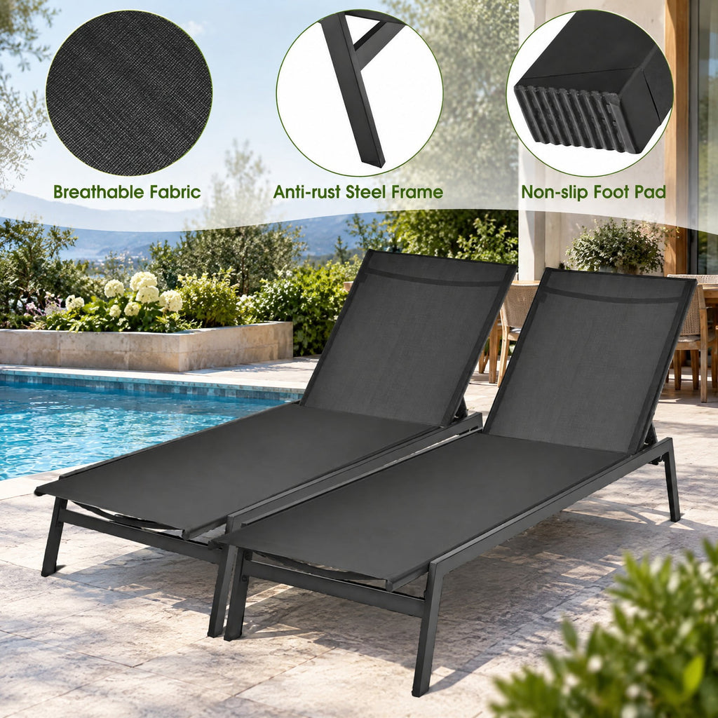 Airfind Outdoor Reclining Chaise Lounge Chair with 6-Position Adjustable Back, 330 lbs Capacity, Steel fabric Frame, Black