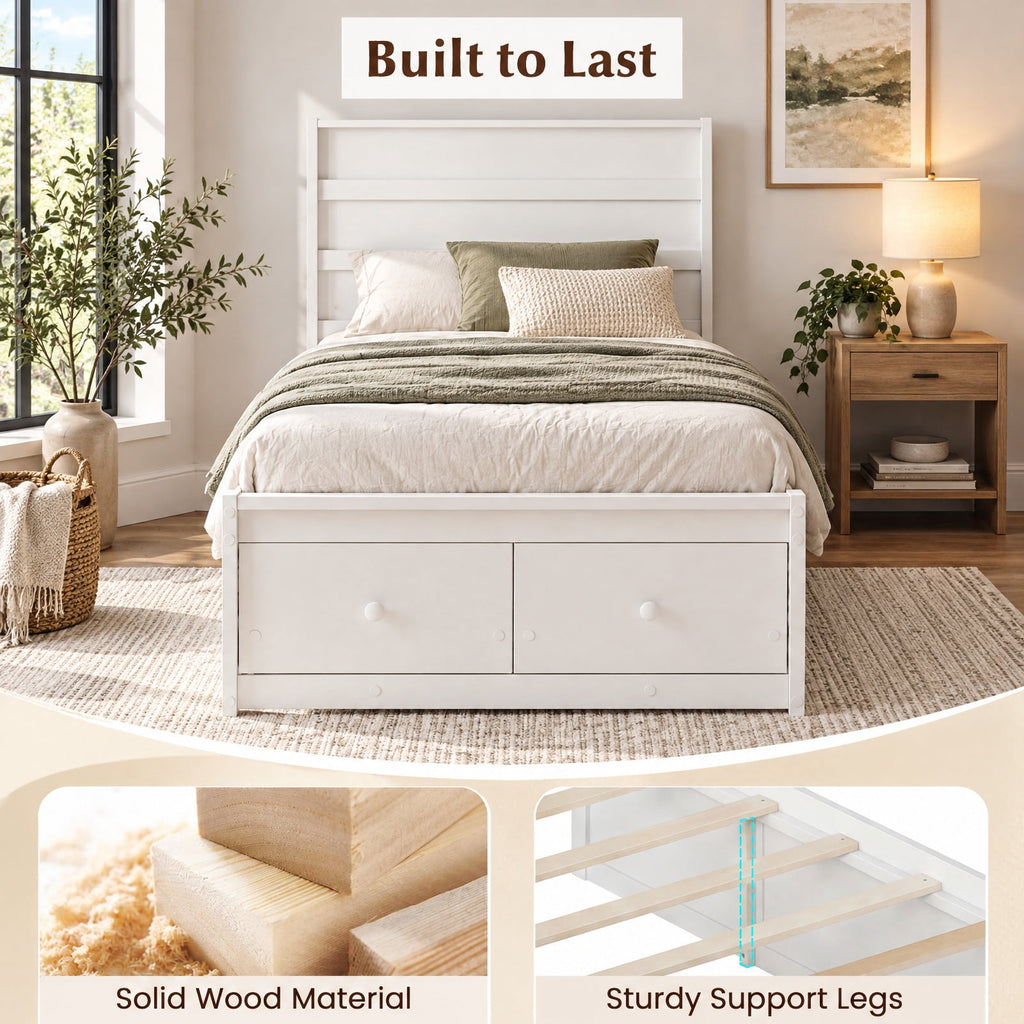 Airfind Twin Size Bed Frame with Storage Drawers and Headboard, 350 lbs Capacity, Solid Wood Plywood Engineered Wood MDF Frame, White