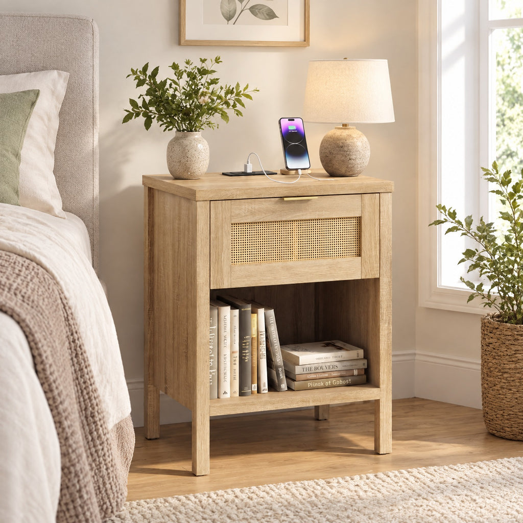 Airfind Rattan Nightstand with Charging Station and Storage Shelf for Bedroom, 88 lbs Capacity, Engineered Wood PVC Rattan Metal Frame, Oak