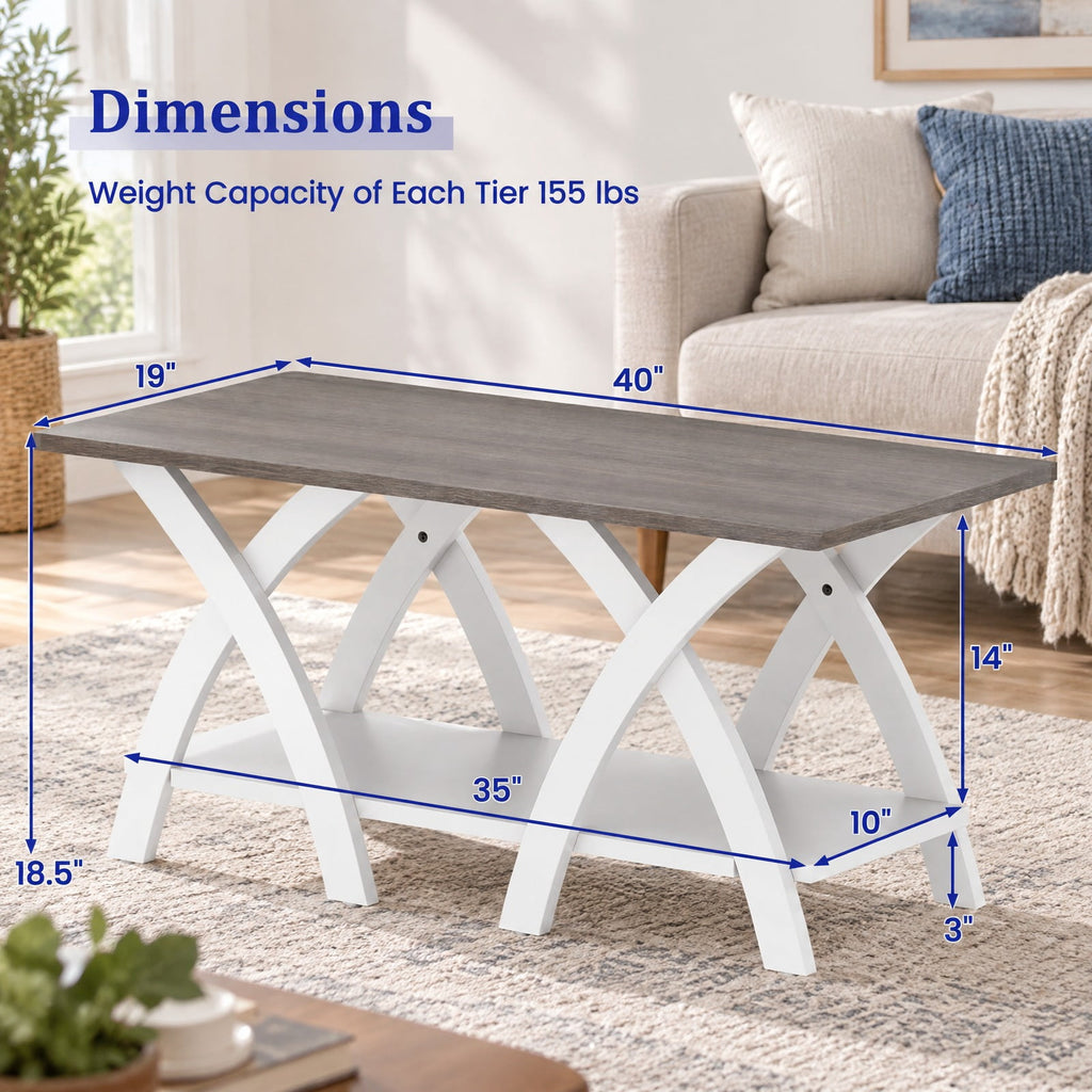 Airfind 40 Inch Farmhouse Wooden Coffee Table with Storage Shelf with X-shaped Legs, 155 lbs Capacity, Rubber Wood Plywood MDF Frame, Gray