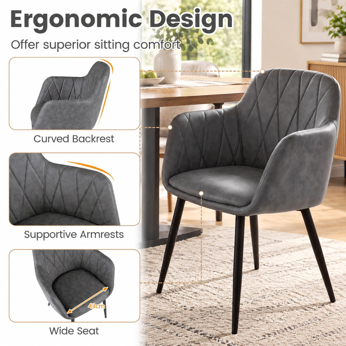 Airfind Upholstered PU Leather Kitchen Chairs Set of 2 with Curved Back and Wide Seat, Chair 396 lbs Total Capacity, PU Leather Metal Sponge Frame
