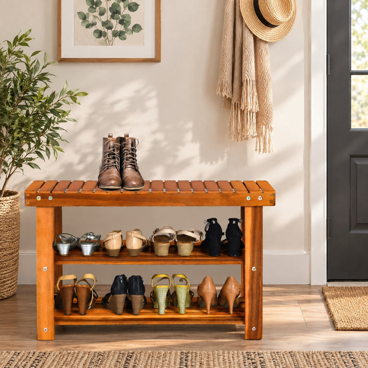 Airfind Freestanding Wood Bench with 3, 180 lbs Capacity, Acacia wood, 27.5 Inch x 11 Inch x 17.5 Inch (L x W x H) Weight: 10 lbs, Wood