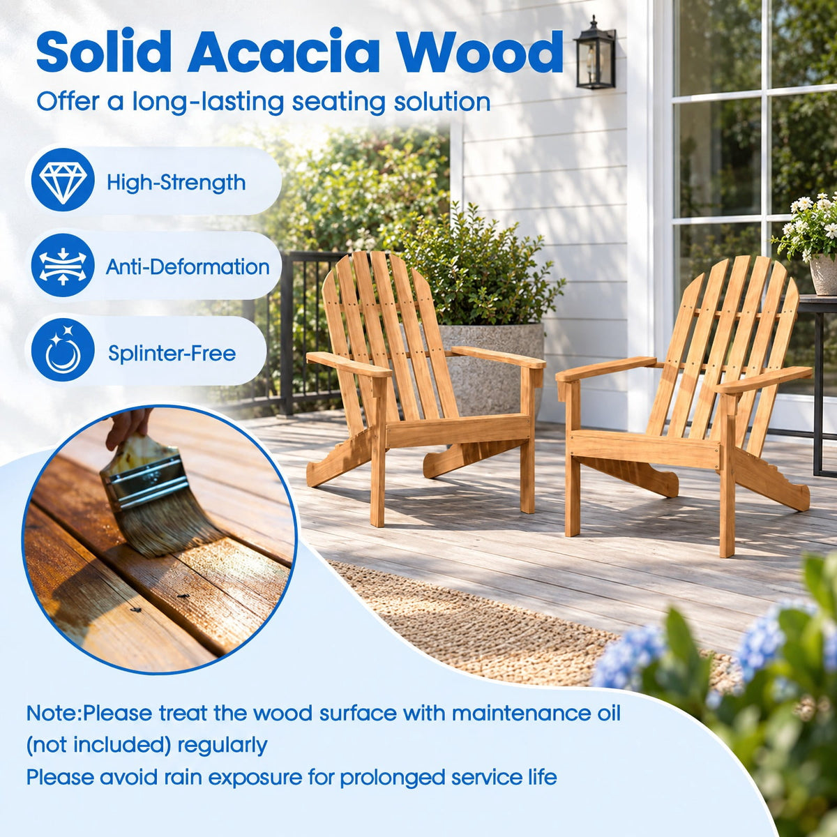 Airfind Acacia Wood Outdoor Adirondack Chair with Ergonomic Design, Acacia wood Frame, Natural, Overall dimension 27 x 35 x 40.5 (L x