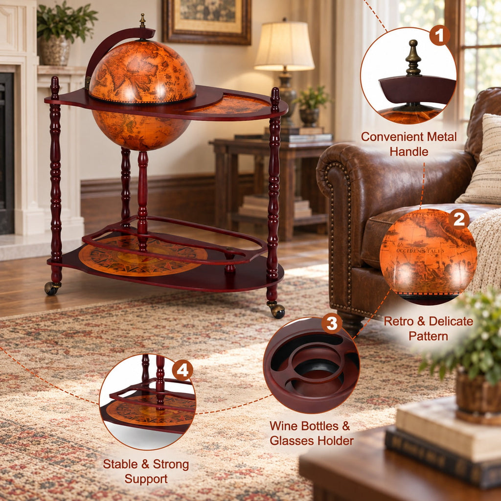 Airfind Vintage Globe Rolling Wine Bar Cart with Extra Shelf, Wood， plastic globe Assembly Frame, Brand new and high quality