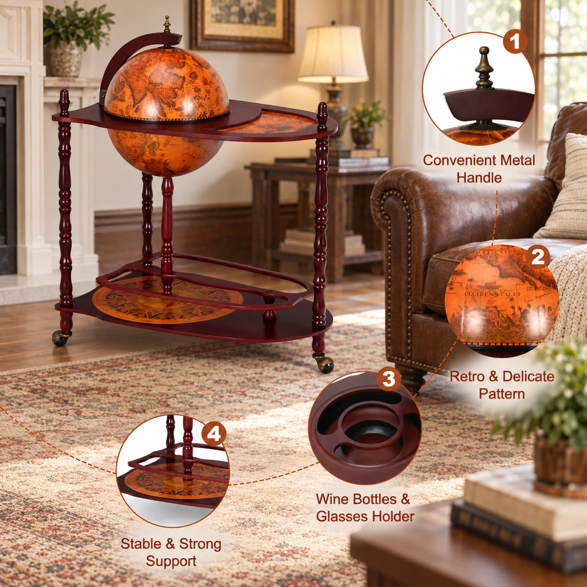 Airfind Vintage Globe Rolling Wine Bar Cart with Extra Shelf, Wood， plastic globe Assembly Frame, Brand new and high quality