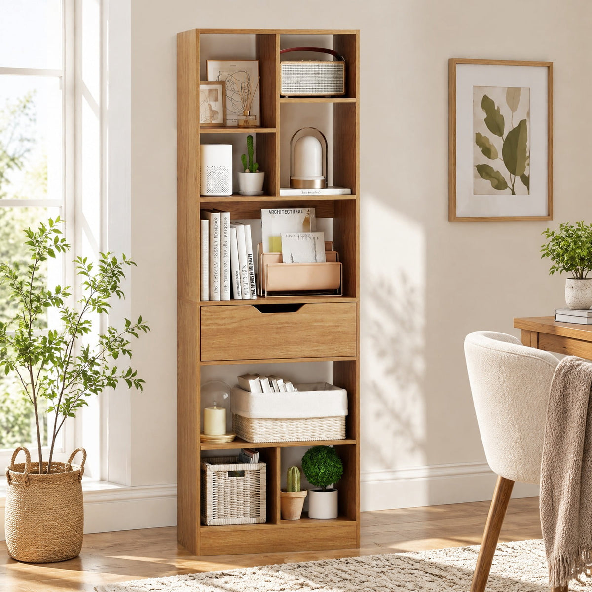 Airfind 61inch Tall Freestanding Bookcase with Drawer 8-Cube Storage Organizer, 187 lbs Capacity, Engineered Wood MDF Frame, Natural