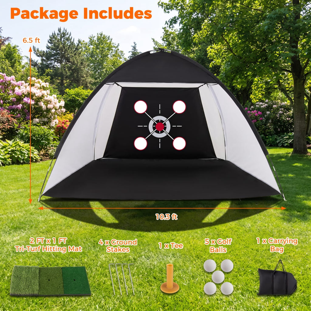 Airfind 10.3 x 6.5 Foot Golf Practice Net with Foldable Tri Turf Hitting Mat and Carry Bag for Backyard Garage and Indoor Swing Training, Black