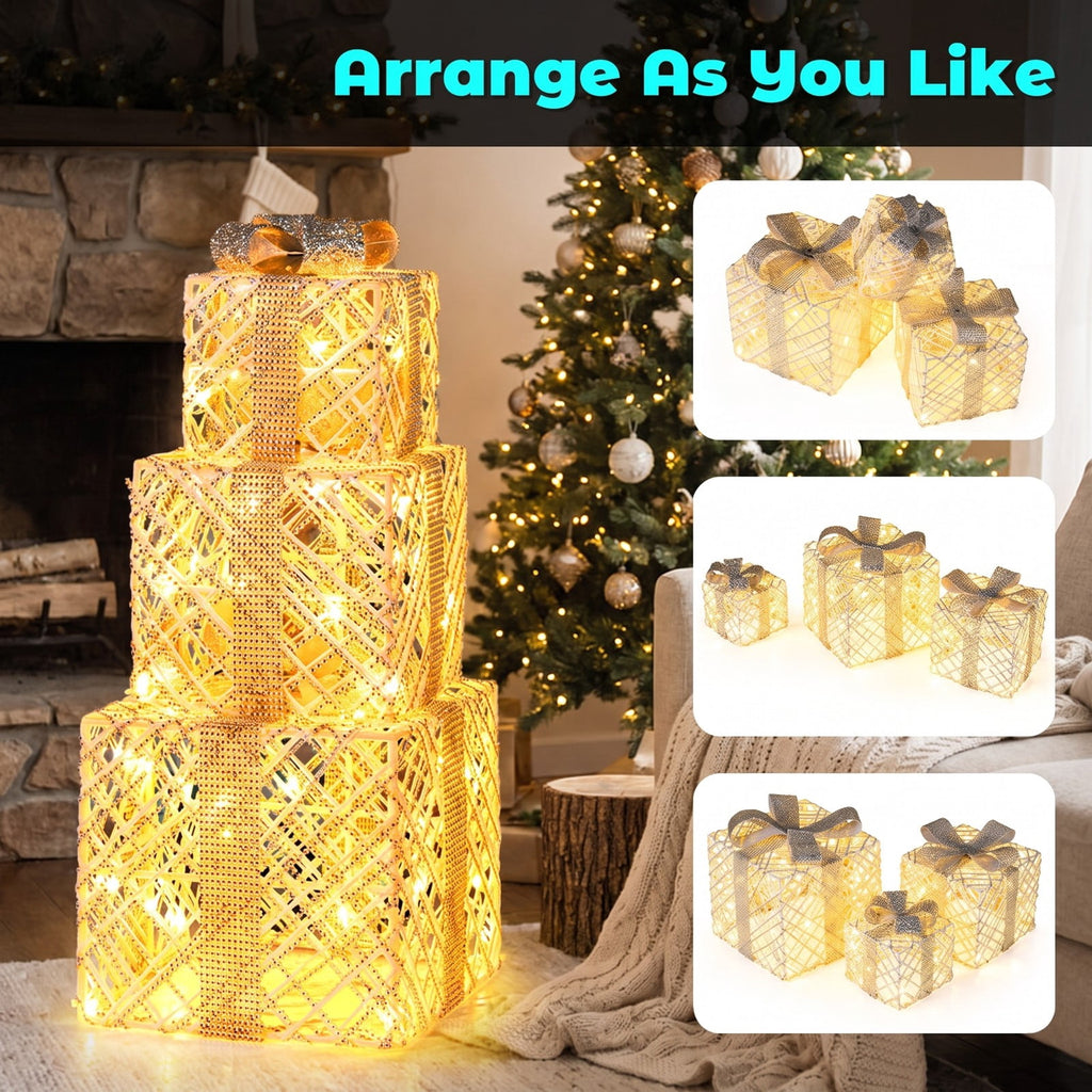 Airfind 3 Pack Christmas Lighted Gift Box with 50 LED Lights and Detachable Bows, PVC Metal Frame, 10in x 10in x 9in Footprint, White