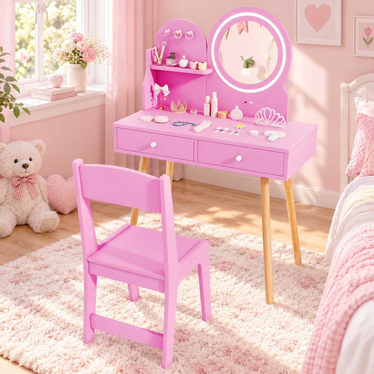Airfind Kids Princess Makeup Dressing Desk and Chair Set with Mirror and Lights, 110 lbs Capacity, MDF Frame, for 3+ years old, Pink