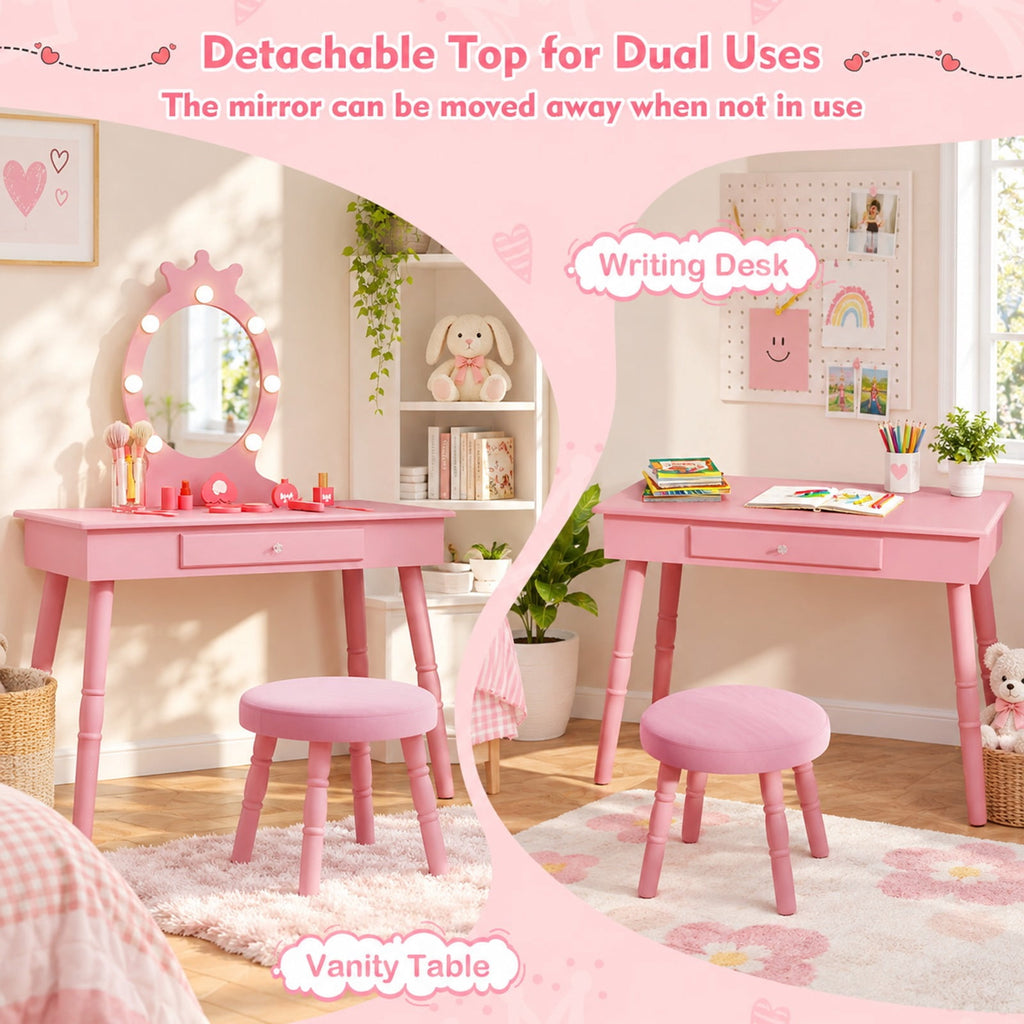Airfind Kids Vanity Set with Lighted Mirror with Adjustable Brightness and Large Drawer, 110 lbs Capacity, MDF Frame, for 3-7 Years Old, Pink