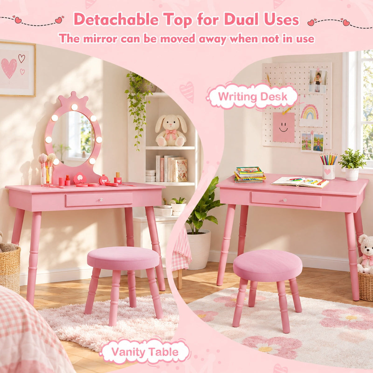 Airfind Kids Vanity Set with Lighted Mirror with Adjustable Brightness and Large Drawer, 110 lbs Capacity, MDF Frame, for 3-7 Years Old, Pink