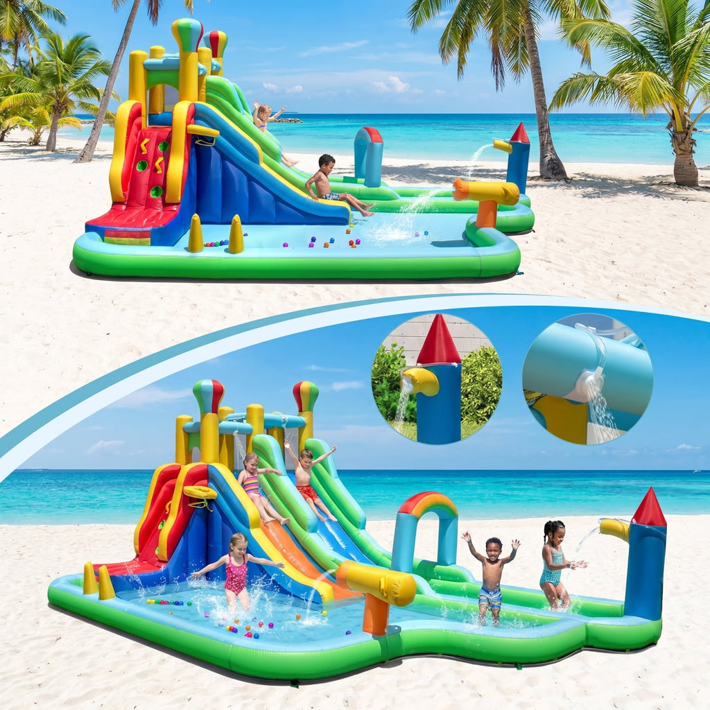 Airfind Giant Inflatable Water Slide Park with Double Long Slides, Climbing Wall, Basketball Hoop, 50 Ocean Balls, 225x145x105in for Kids 3-12
