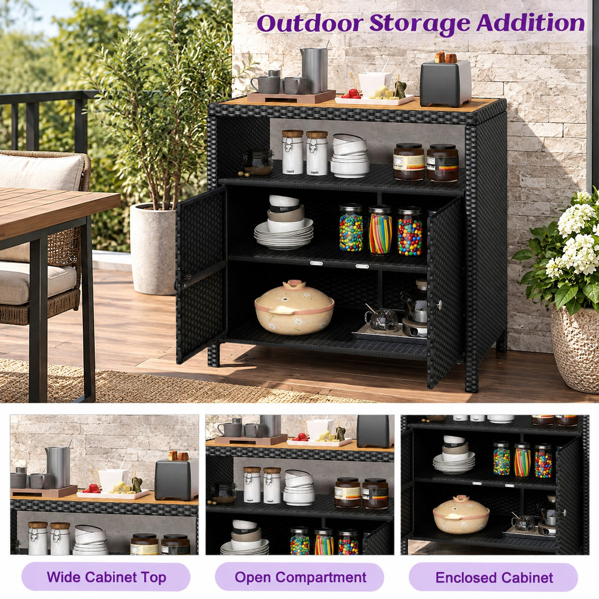 Airfind Rattan Storage Cabinet with Acacia Wood Countertop for Poolside Deck and Patio, 100 lbs Capacity, PE Rattan Acacia Wood Metal Frame, Black