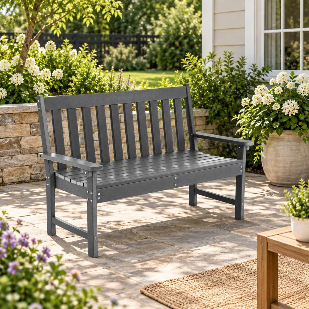 Airfind 52 Inch All-Weather HDPE Outdoor Bench with Backrest and Armrests, 705 lbs Capacity, HDPE Frame, Gray