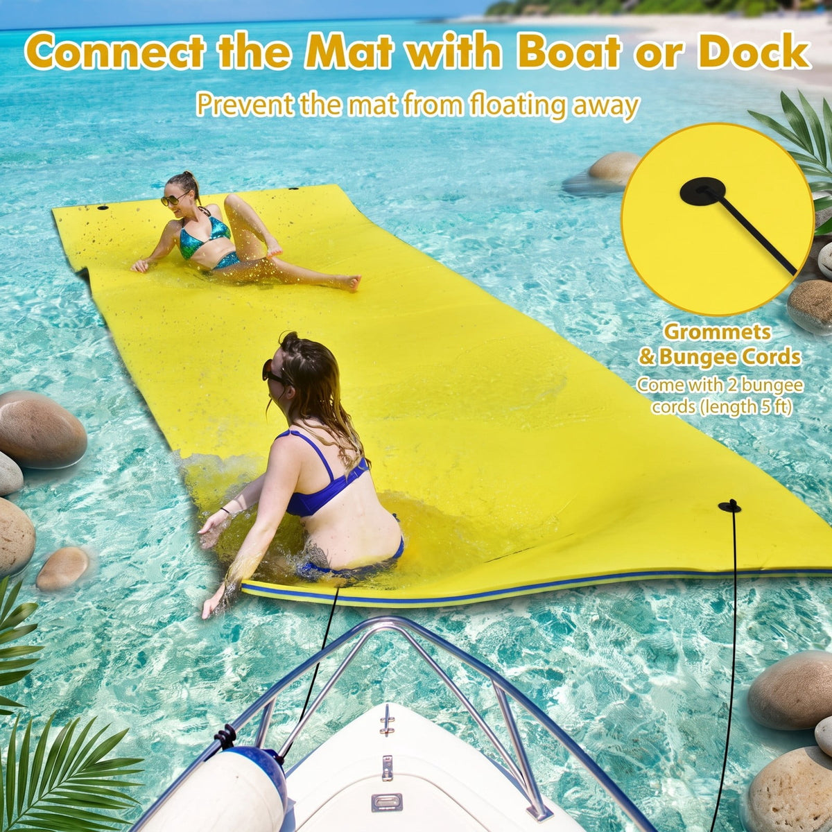Airfind 9 x 6 3 Layer Floating Water Pad Roll Up Foam Mat with 2 Bungee Tethers and Rolled Pillow Edge for Lake Pool and Beach, Yellow