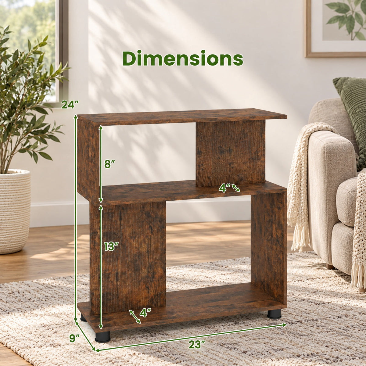 Airfind 3-Tier Modern S-shaped Bookshelf with Adjustable Feet, 135 lbs Capacity, Engineered Wood Frame, Brown