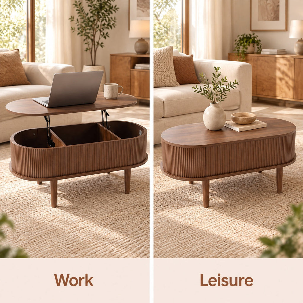 Airfind 43.5 Inch Oval Lift Top Coffee Table with Storage and Fluted Design for Living Room, 200 lbs Capacity, Engineered Wood Solid Wood Frame, Walnut