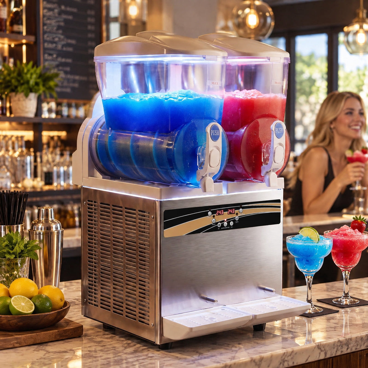 Airfind 8 Gal Commercial Slushie Machine with LED Lights, Silver, 2 tanks for serving drinks in 2 flavors, Get your slush prepared in about 30 minutes