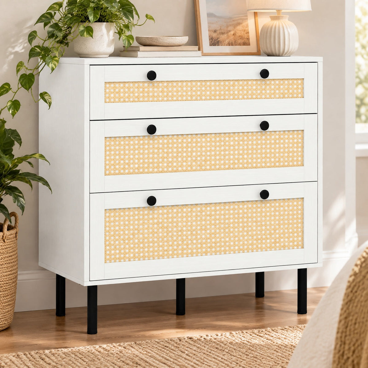 Airfind 3-Drawer Rattan Nightstand Boho Chest of Drawers for Bedroom, 66 lbs Capacity, Engineered Wood MDF Metal Frame, 29.5 x 14 x 31 Footprint