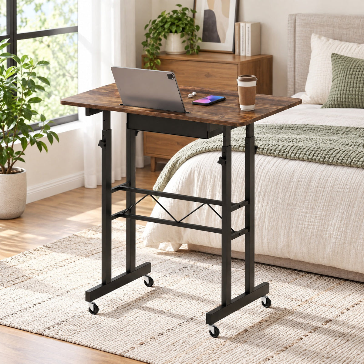 Airfind Height Adjustable Laptop Desk with Fabric Drawer Tablet Holder and Lockable Wheels, 45 lbs Capacity, 31.5 x 20 x 29-45.5 Footprint