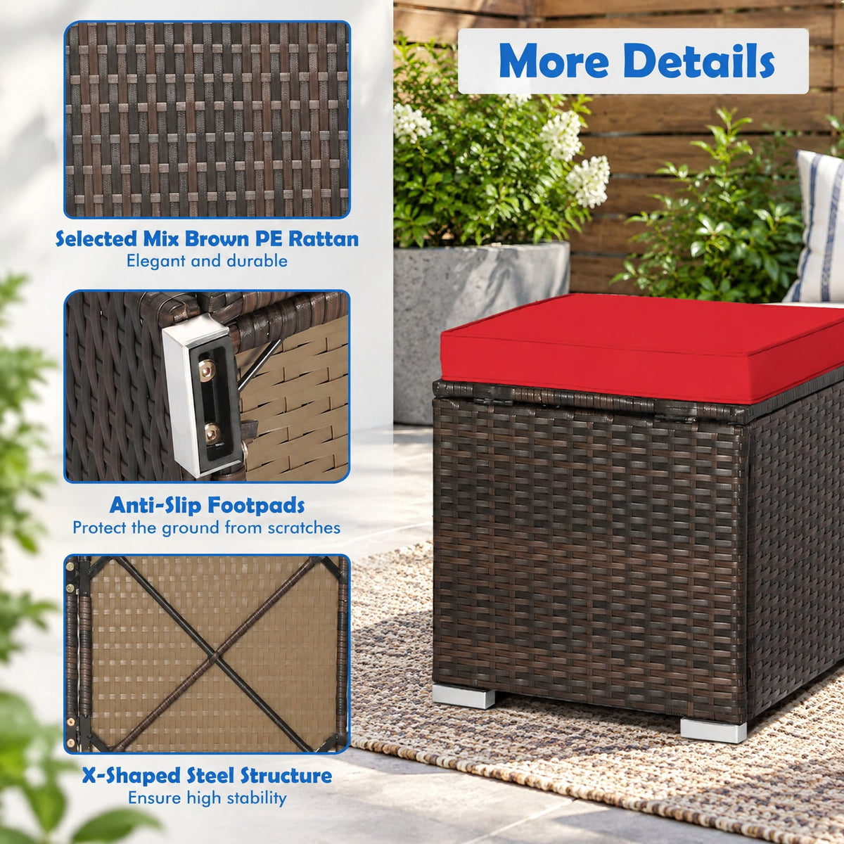 Airfind 2 Pieces Patio Ottoman with Removable Cushions, 350 lbs Capacity, Metal PE Rattan Sponge Polyester Frame, 16 x 16 x 15.5 Footprint, Red
