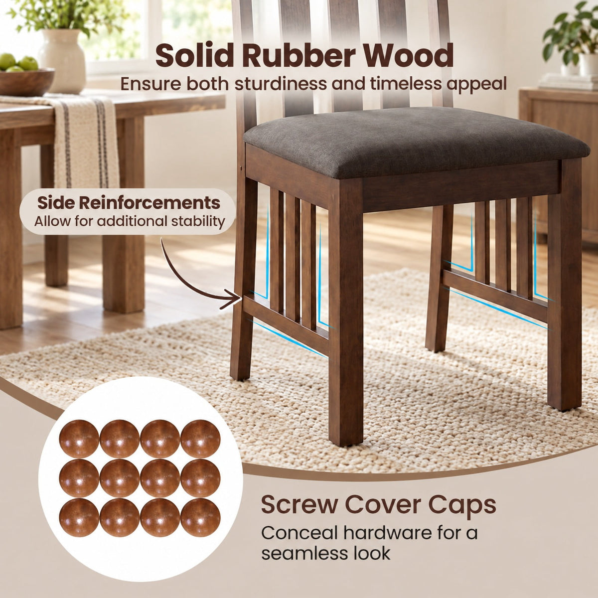Airfind Dining Chairs, Rubber Wood, Side Chairs Set of 4 with Slat Back, 330 lbs Capacity, Rubber Wood Linen Fabric Sponge Frame, Brown
