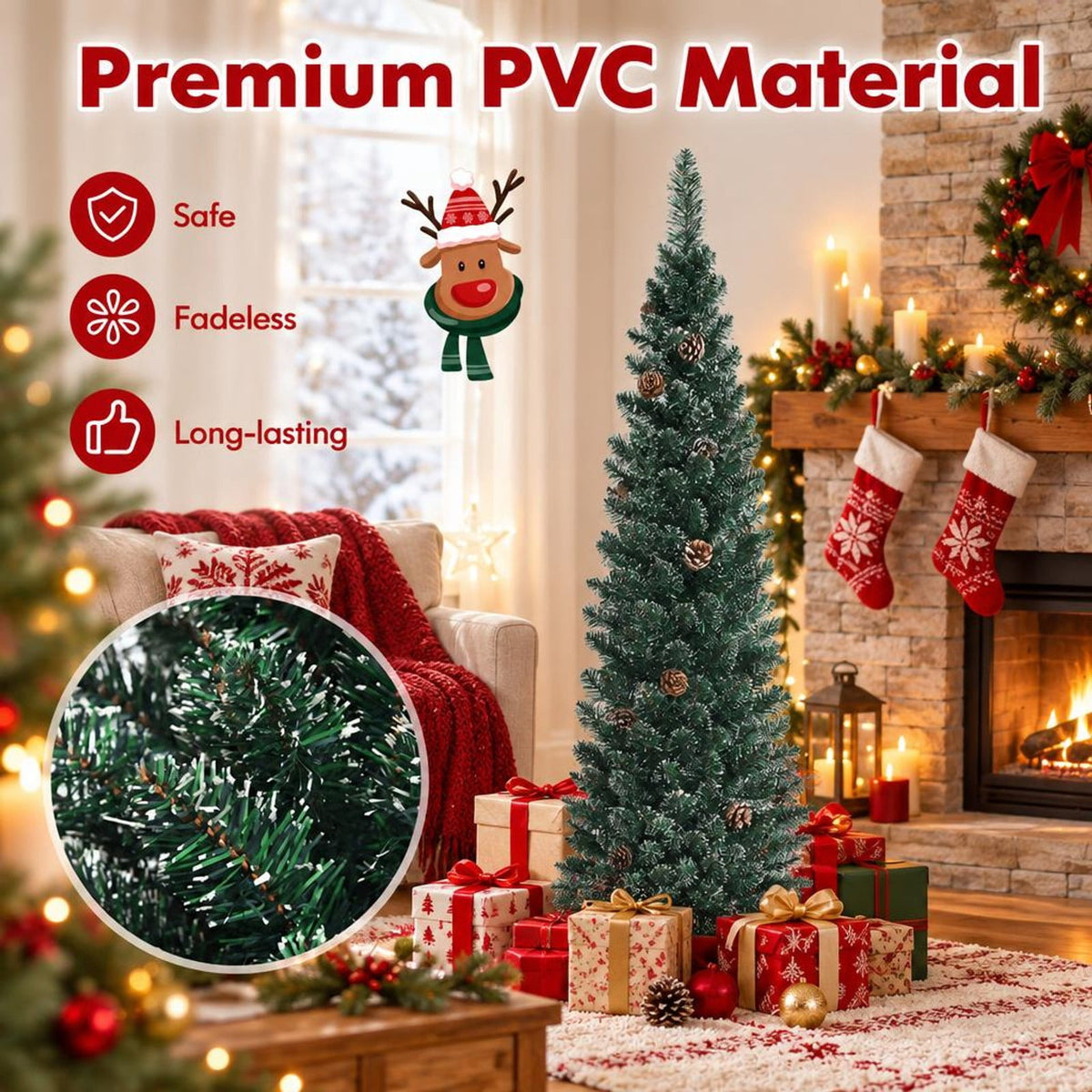 Airfind 5 Ft Slim Snow-Flocked Pencil Christmas Tree featuring 214 Branch Tips, 25 Pine Cones and Foldable Metal Stand, Green