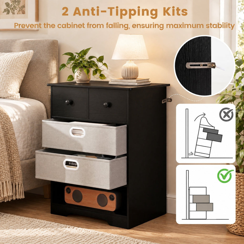 Airfind 4-Drawer Dresser Modern Chest Storage Organizer with Open Shelves, 100 lbs Capacity, Engineered Wood MDF Fabric Frame, Black