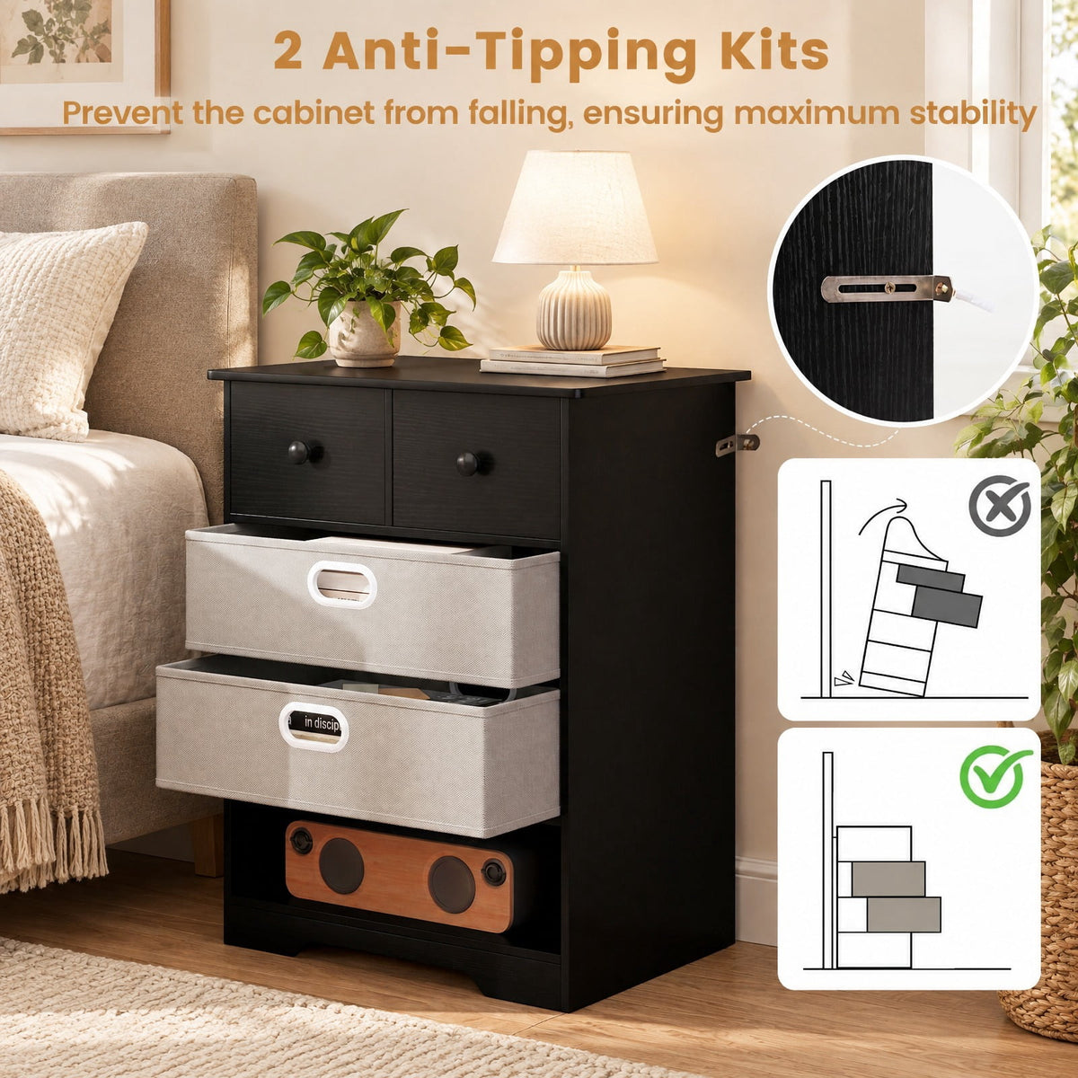 Airfind 4-Drawer Dresser Modern Chest Storage Organizer with Open Shelves, 100 lbs Capacity, Engineered Wood MDF Fabric Frame, Black