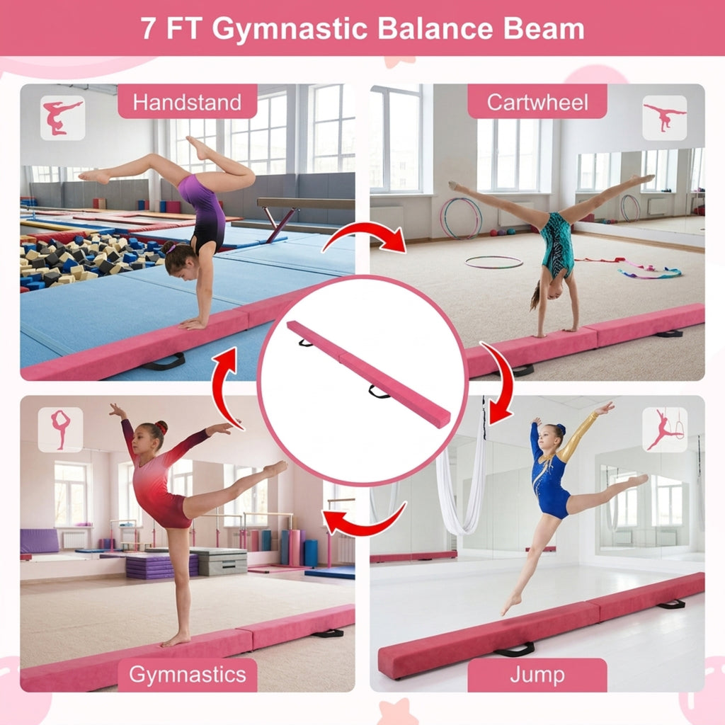Airfind 7 Feet Folding Portable Floor Balance Beam with Suede Cover and Anti Slip Base for Kids Gymnastics Training at Home, Pink
