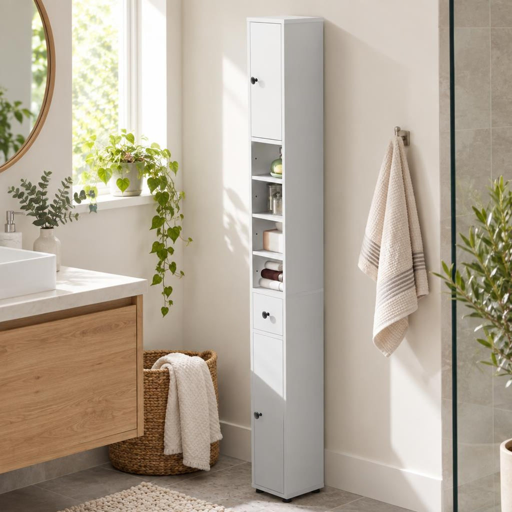 Airfind Freestanding Slim Bathroom Cabinet with Drawer and Adjustable Shelves, 110 lbs Capacity, MDF Frame, 8in x 8in x 71in Total Footprint, White