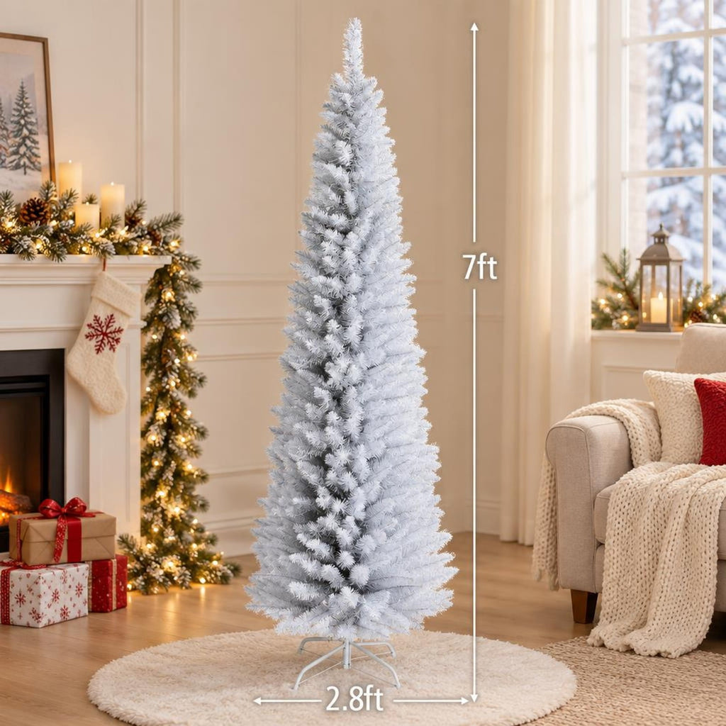 Airfind 7 Feet Unlit Artificial Slim Christmas Pencil Tree with Metal Stand-7 ft, PVC iron Height: 5ft/6ft/7ft Base width: 1.7ft/2.4ft/2.8ft Frame