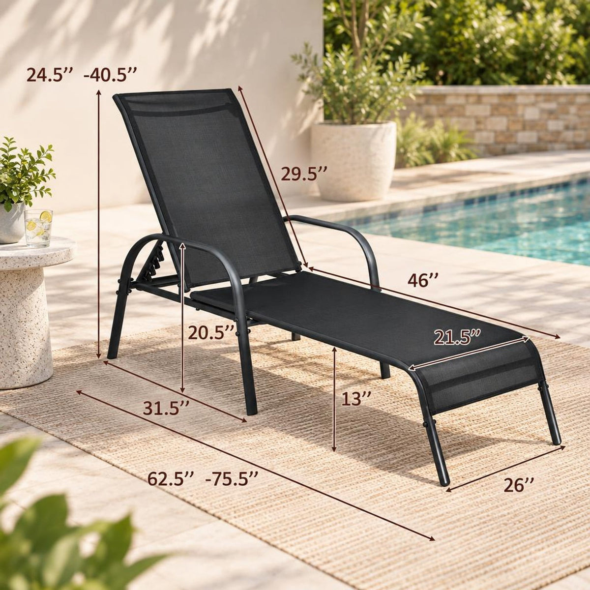 Airfind 2 Pcs Outdoor Patio Lounge Chair Chaise Fabric with Adjustable Reclining Armrest, Fabric Steel Horizontal Frame, Black