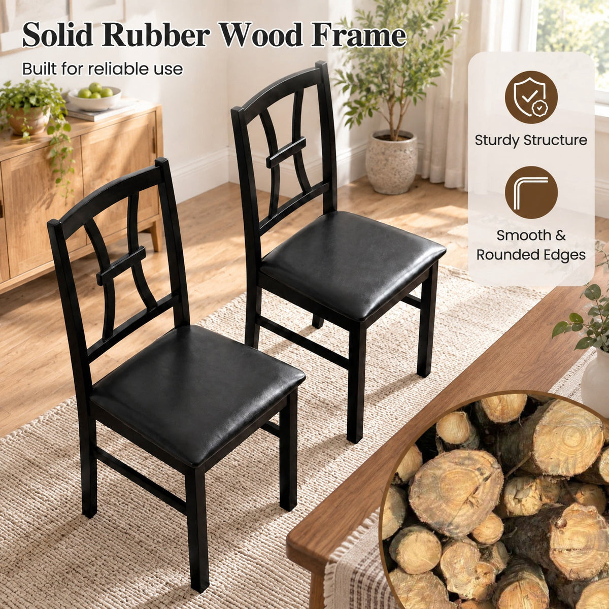 Airfind Wooden Dining Chairs Set of 2 with Faux Leather Padded Seat for Kitchen, 400 lbs Capacity, Rubber Wood Frame, Black