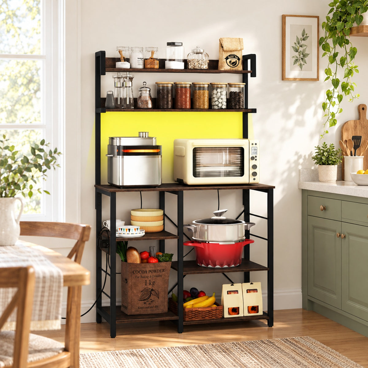 Airfind Kitchen Bakers Rack with Power Outlet 5-Tier Microwave Oven Stand with LED Lights, Top Shelf 4.5 lbs Capacity, Engineered Board Metal Frame